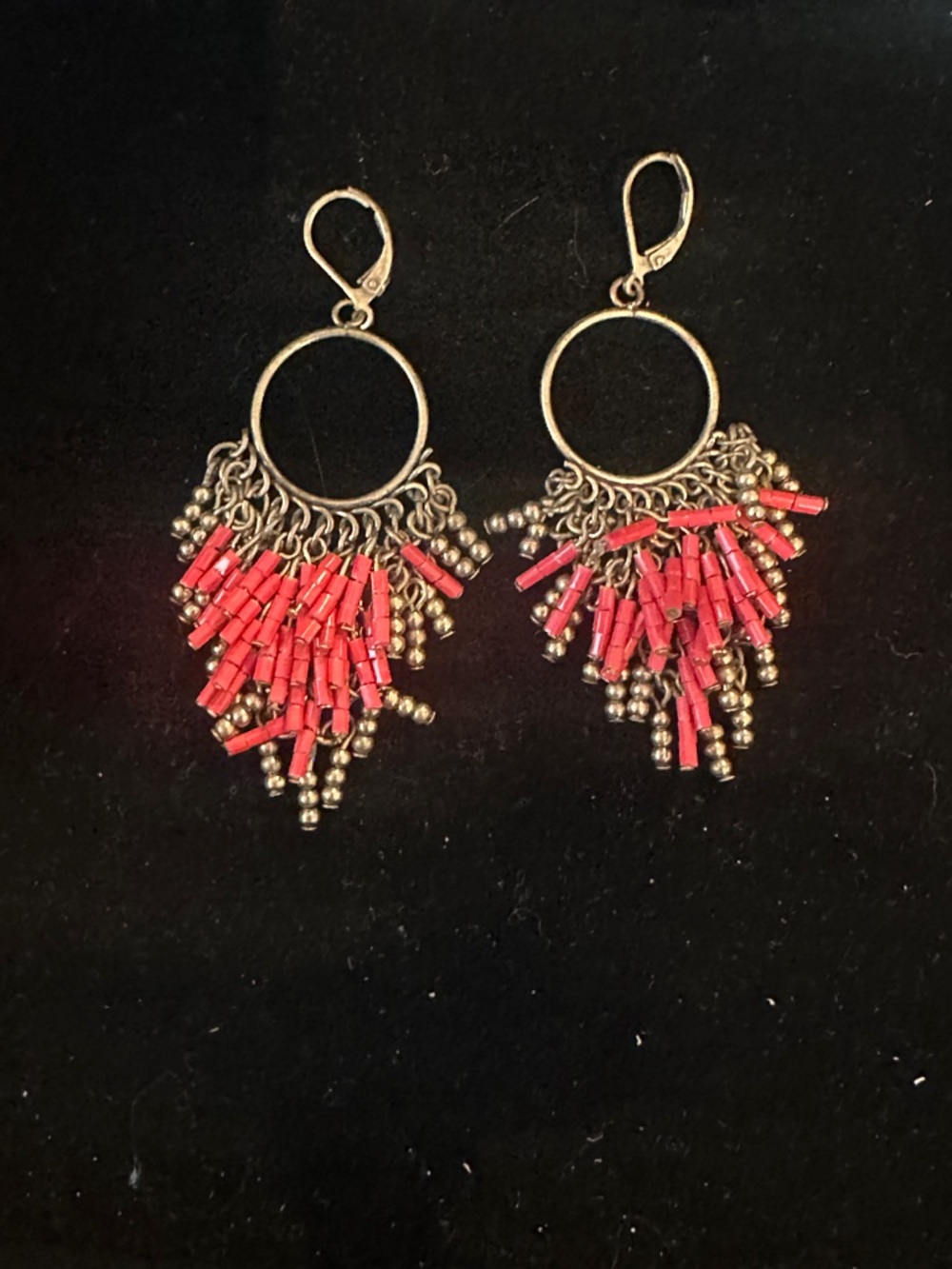 Gold Hoop Fringe Earrings with Red Beads - Women Jewelry